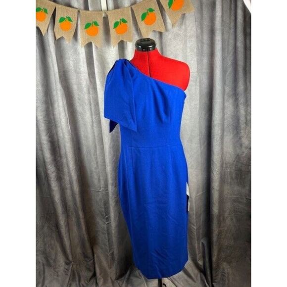 DRESS THE POPULATION Tiffany One-Shoulder Bow-Tie Midi Dress in Blue Size L NWT - Picture 1 of 7